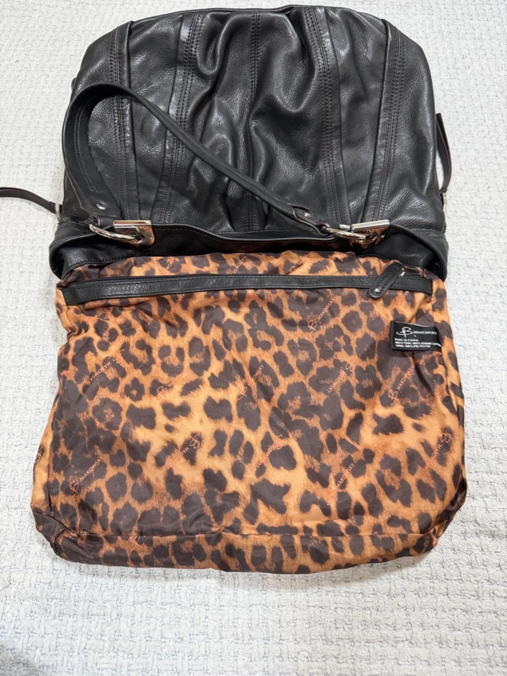 B. Makowsky Leather Hobo Shoulder Bag Black Silver Hardware Leopard Print Purse